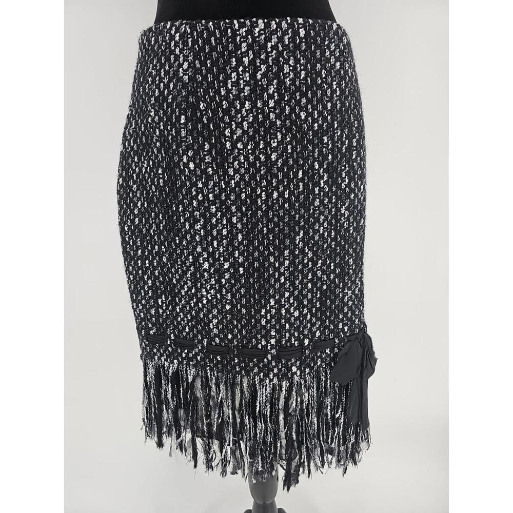 Rickie Freeman for Teri Jon Tweed Finge Skirt 6‎ Black White Wool With Bow